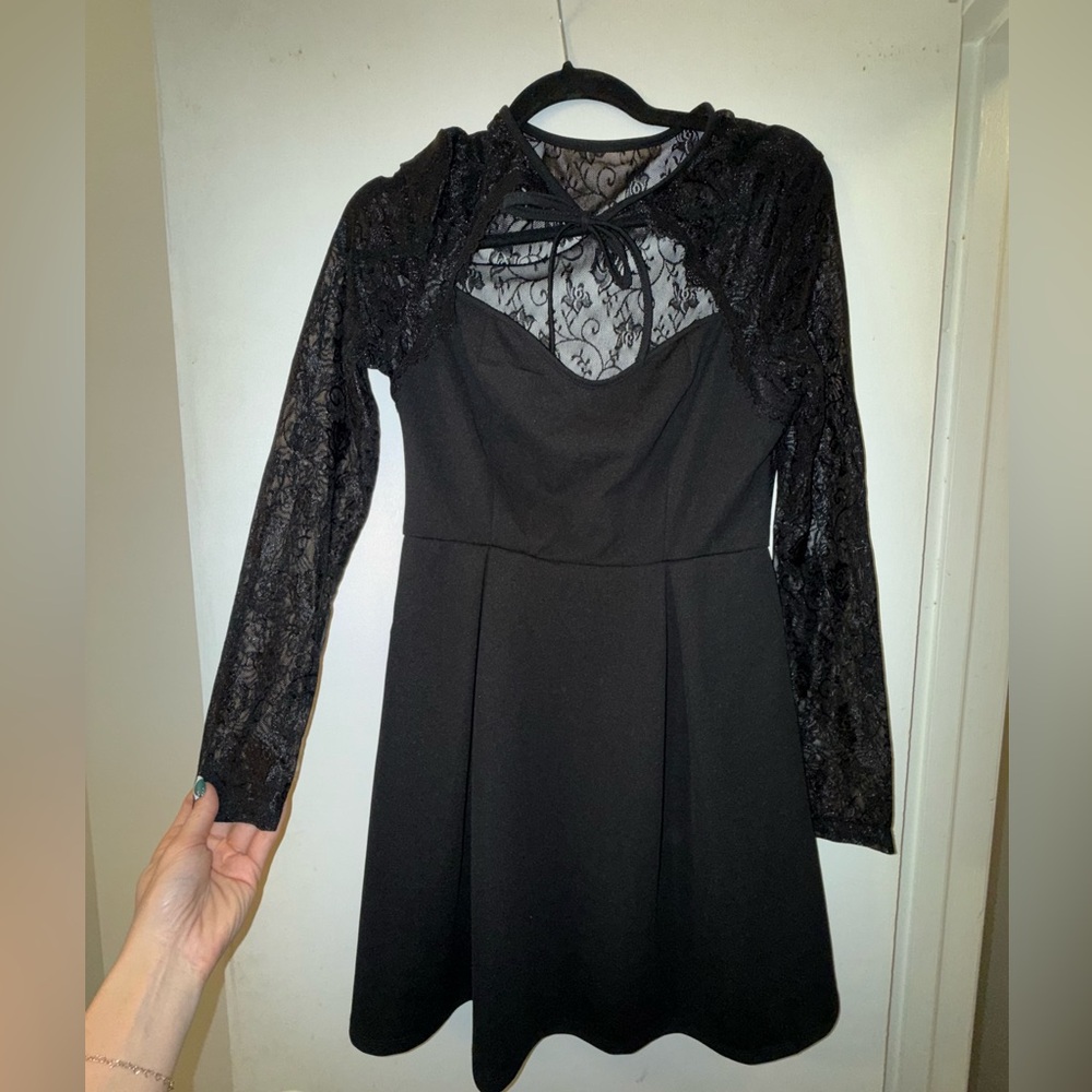 Black Lace Long-Sleeve Skater Dress
